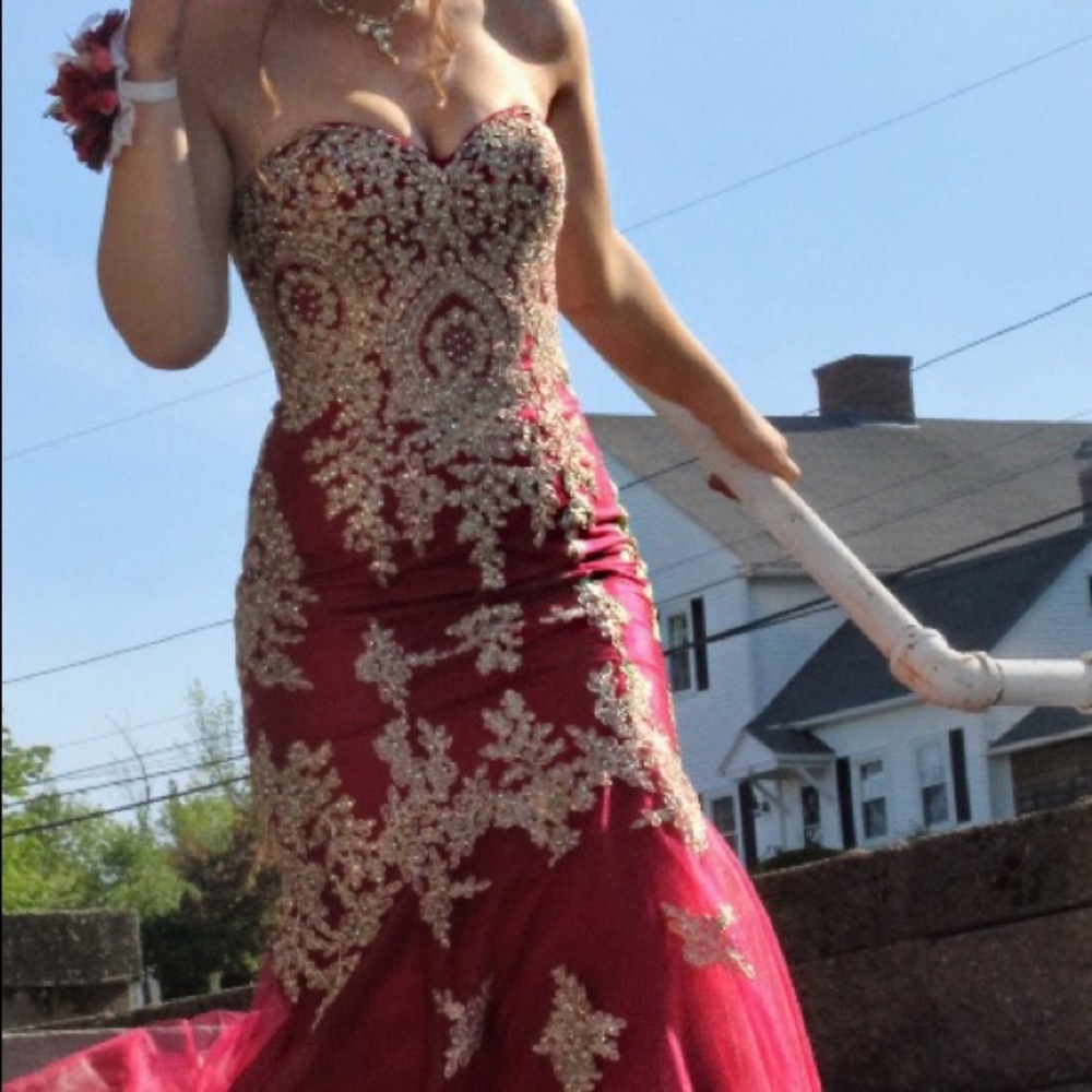 Crimson and Gold Prom Dress W/ gold beads/ embroid